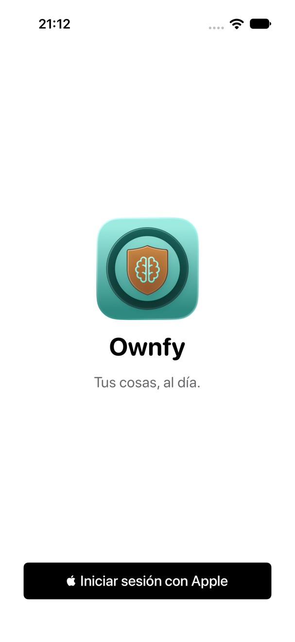 Bienvenida de Ownfy: el icono, el lema «Tus cosas, al día» y el botón Iniciar sesión con Apple.