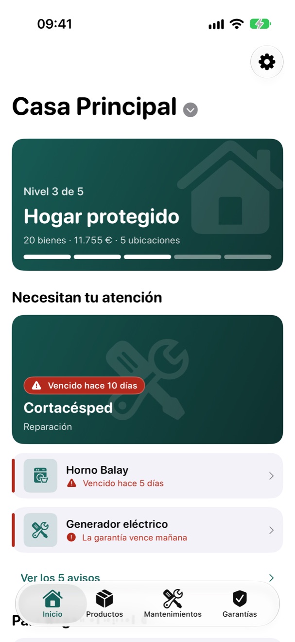 Inicio de Ownfy: Casa Principal en nivel 3 de 5, Hogar protegido, con los avisos que necesitan atención: una reparación vencida hace 10 días y una garantía que vence mañana.
