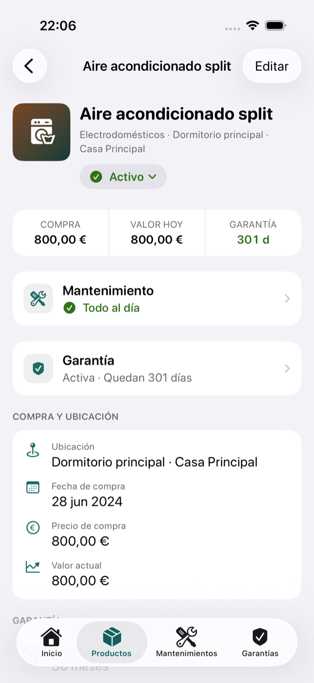 Ficha de un producto en Ownfy, con su foto, los datos de compra y ubicación, y el estado de su garantía y su mantenimiento.