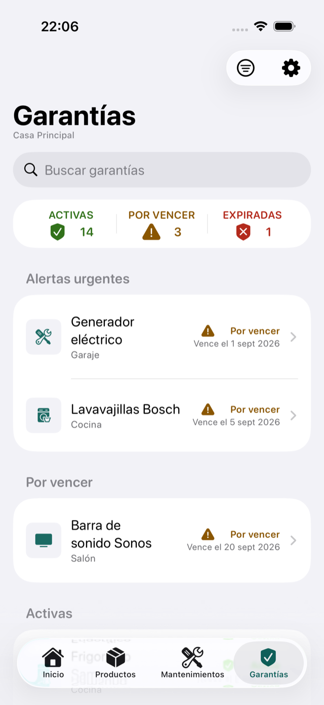 Pantalla de garantías de Ownfy: 14 activas, 3 por vencer y 1 expirada, con una sección de alertas urgentes que muestra un generador y un lavavajillas próximos a vencer.