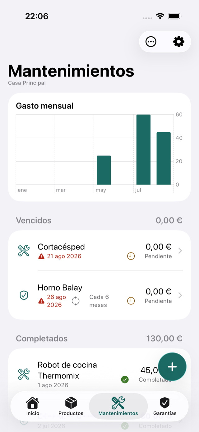 Pantalla de mantenimientos de Ownfy, con el gasto mensual y el historial de revisiones con sus costes.